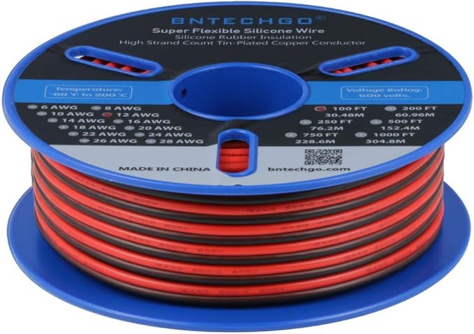 BNTECHGO 12 Gauge Flexible 2 Conductor Parallel Silicone Wire Spool Red Black High Resistant 200 deg C 600V for Single Color LED Strip Extension Cable Cord,Model 100ft Stranded Tinned Copper Wire