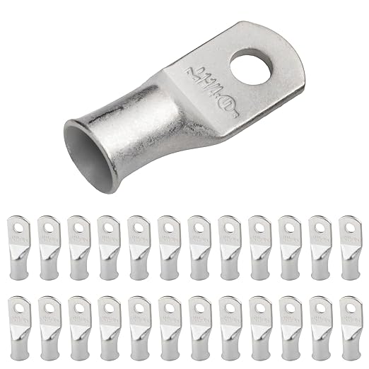SELTERM 25pcs 1 AWG 1/4" Stud Marine Grade Tinned Copper Battery Cable Lugs, 1 Gauge Ring Terminals, UL Wire Lugs Electrical Cable Ends, Terminal Connectors