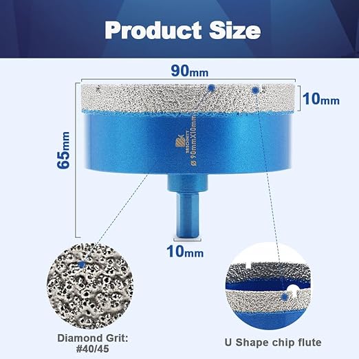 Dry Diamond Core Drill Bit,BRSCHNITT 90mm Diamond Hole Saw Core Drill Bit with Triangle Shank for Porcelain Tile Ceramic Stone Granite Marble（2pcs）