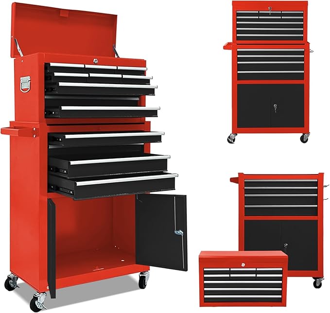 13-Drawer Tool Chest with Double Door and wheels, Large Detachable Toolbox with Sliding Drawers, Mechanic Tool Box Storage Cabinets, Metal Tool Cart for Garage Workshop (RED＆BLACK)
