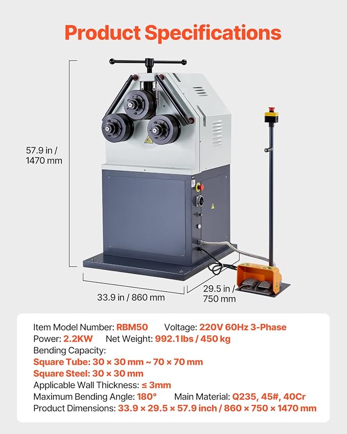 VEVOR 2.2KW Electric Roll Bending Machine, 3-Roller