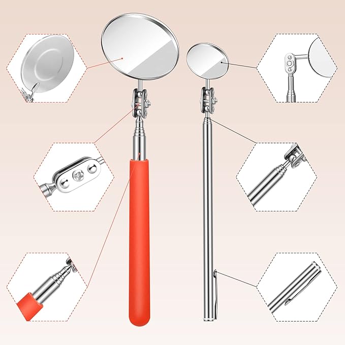 Flutesan 3 Pieces Telescoping Inspection Mirror Adjustable Observe Round Telescoping Inspection Mirror Tool for Checking Vehicle, Observing The Eyelashes, Mouth and Small Part, Orange, 3 Sizes