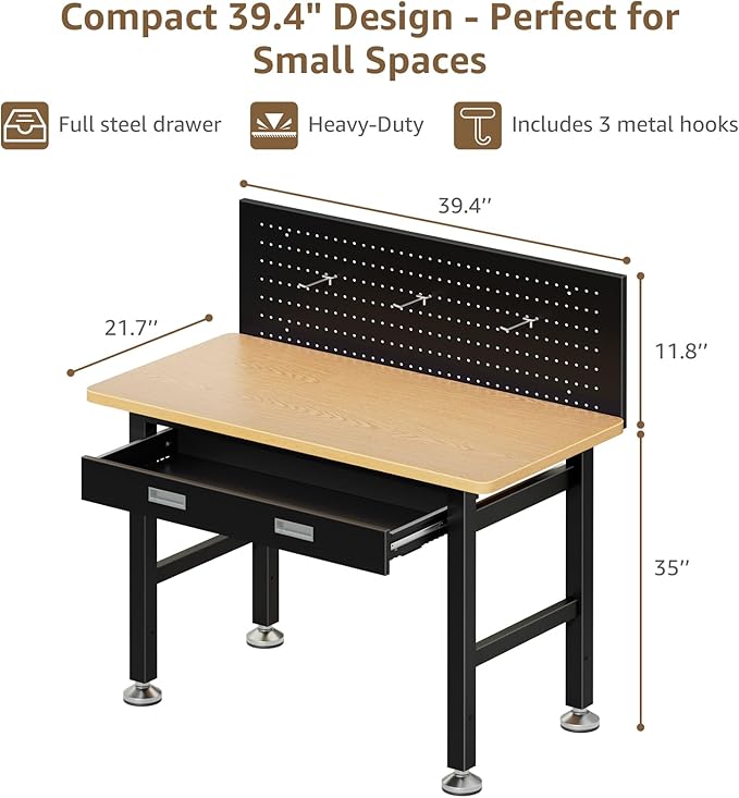 39.4" Workbench with Drawer and Pegboard - Image 2