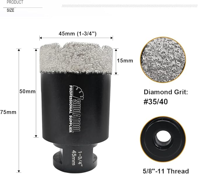 SHDIATOOL 1-3/4 Inch Diamond Core Drill Bit for Porcelain, Ceramic Tile, Marble, Brick – Vacuum Brazed Hole Saw, 45mm, 5/8-11 Thread, Wet/Dry Drilling