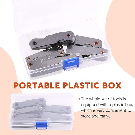 Tanstic 6Pcs Stainless Steel Feeler Gauge and Radius Gauge Set, 5Pcs R0.3-1.5/ R1-6.5/ R7-14.5/ R15-25/ R25-50 Radius Fillet Gauge with 32 Blades 0.04-0.88 mm Metric and Imperial Gap Measuring Tool
