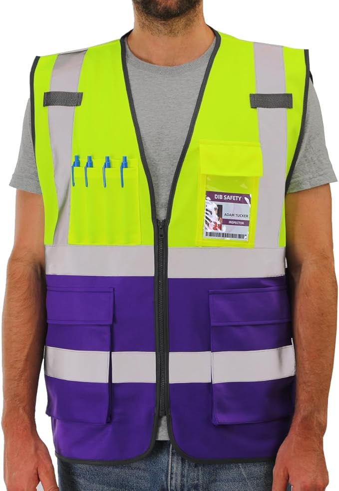 Dib Safety Reflective Vest High Visibility with Pockets and Zipper, Yellow and Purple XL
