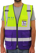 Dib Safety Reflective Vest High Visibility with Pockets and Zipper, Yellow and Purple XL