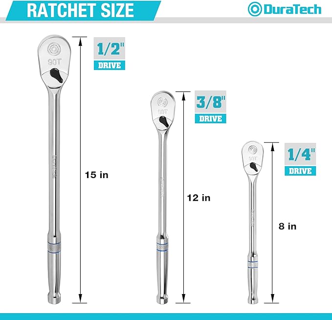 DURATECH 3-Piece Extra Long Drive Ratchet Handle, 1/4", 3/8", 1/2" 90-Tooth Ratchet Wrench with Dust Proof Teardrop Enclosed Head, Reversible, CR-V Steel Made, CR-MO Head, Full Polished, Gifts for Men