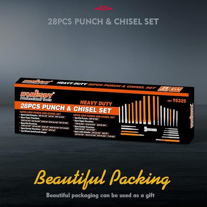 HORUSDY 28-Piece Heavy Duty Punch and Chisel Set, Including Taper, Cold Chisels, Pin, Center Punch