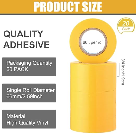 Treela 20 Rolls Electrical Tape 3/4 Inch Waterproof Vinyl Electrical Insulating Tape Flame Retardant Indoor Outdoor High Temperature Resistance Accessory for Wire and Cable(Yellow,66 ft)