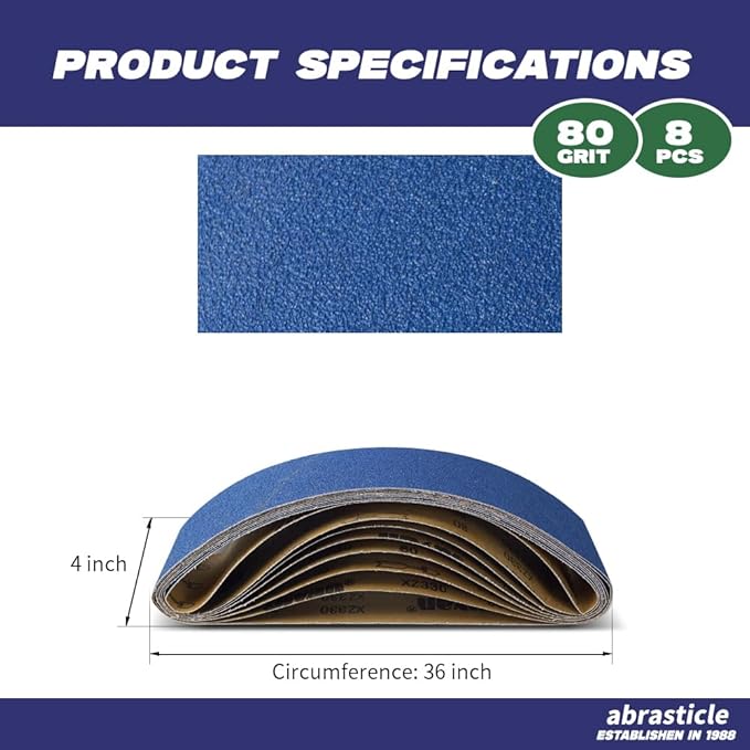 4" x 36" Zirconia Sanding Belts for Metal - 4 x 36 Inch Zirconia Metal Grinding Sand Paper, 8 PCS 80 Grits, Perfect for Knife Blade Sharpening, Metal Polishing, Derusting, Woodworking