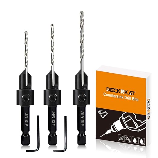 3 Pack Countersink Drill Bit Set #10#12#16, 3in1 Woodworking Counterbore Hole Saw Drill Bits, Depth Adjustable M2 Pilot Drill Bits, 82-Degree Chamfer, 1/4" Hex Shank, with 1 Allen Wrench