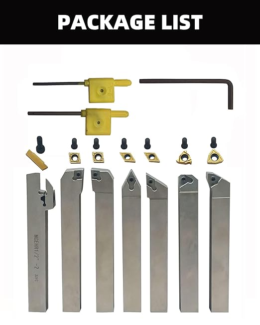 GBJ 1/2'' 12mm Shank Indexable Lathe Turning Tools kit 7Pcs Tools Holder Set with 7Pcs Inserts for Turning/Grooving/Threading Processing Steel or Stainless