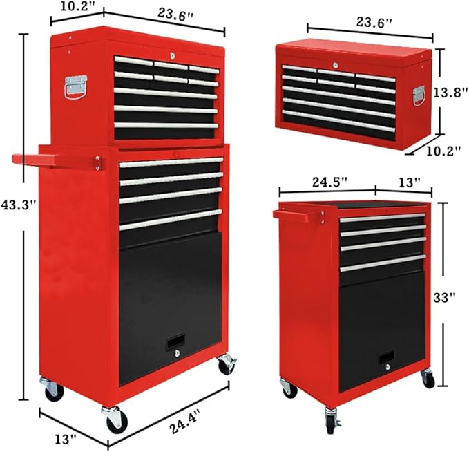 13 Drawer Rolling Tool Chest with Wheels, 2 in 1 Detachable Tool Chest with Drawers, Large Tool Box with Lock, Metal Tool Cabinet for Garage Workshop(Red-Black)