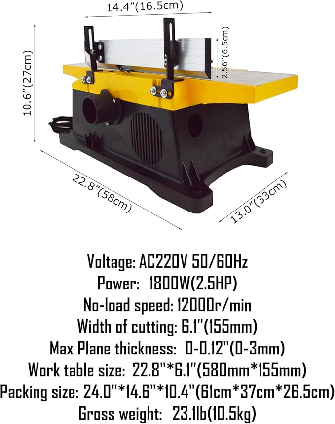 Woodworking Planer 22.8"x6.1" 12000rpm Benchtop Electric Planer Flat Planer Electric Wood Jointer AC220V