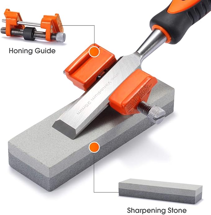 REXBETI 10pcs Premium Wood Chisel Set, 6pcs Wood Chisel with 1 Honing Guide, 1 Sharpening Stone and 2 Carpenter Pencils, Heat-Treated Cr-V Alloy Blades