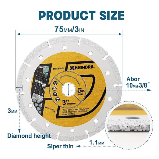 HIGHDRIL Diamond Metal Blade 3" 75mm x Arbor 3/8" 10mm - 4pcs Angle Grinder Cutting Disc for Steel Pipe, Bar, Plate, Box Section, Angle