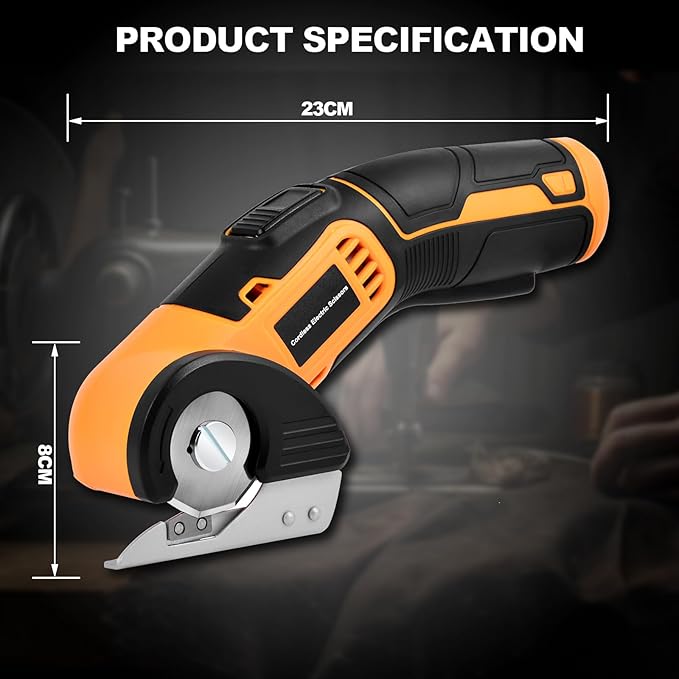 jomeda Cordless Electric Scissors, 4 V Rechargeable Rotary Cutter with Rechargeable LED Light, Safety Lock for Cutting Fabric, Cardboard, Leather, Carpet and PVC Boxes，Yellow