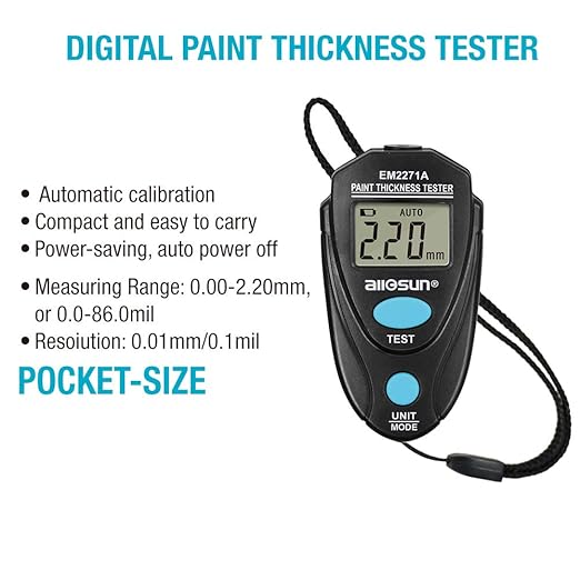 allsun EM2271A Digital Paint Gauge Thickness Meter, Car Mini Coating Paint Tester LCD 2.2mm/80mil Data Hold Black