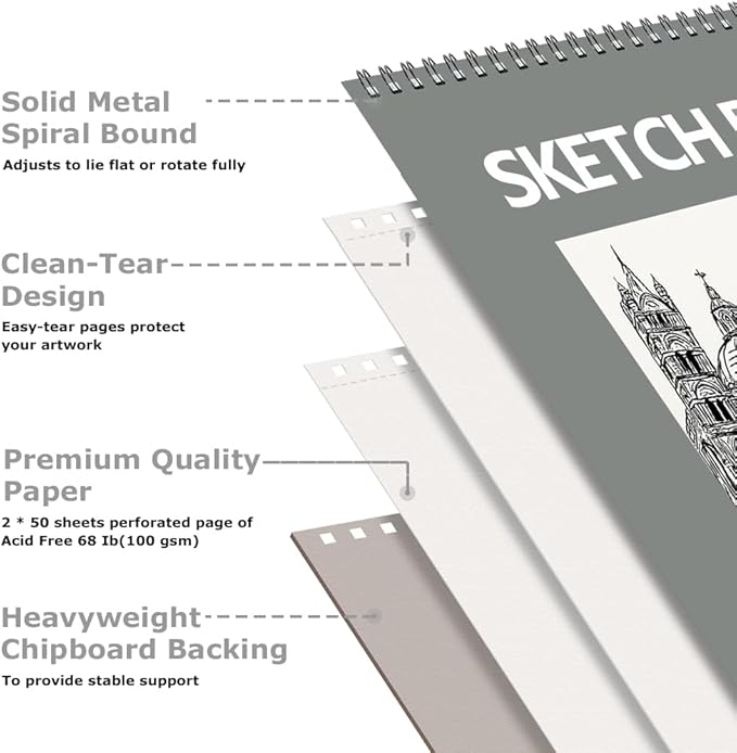 9" x 12" Sketch Book, Spiral Bound Sketch Pad, 4 Pack 50 Sheets 68lb/100gsm - Image 2