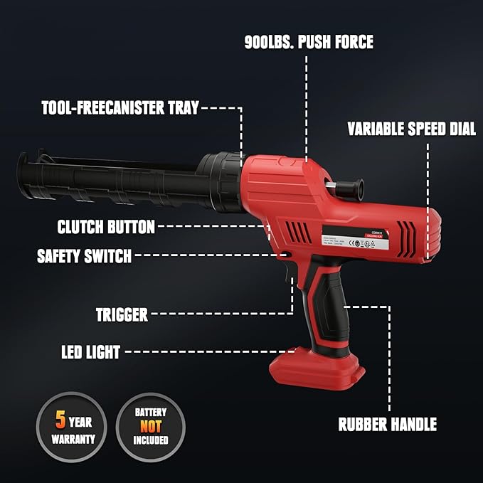 Cordless Caulking Gun 10oz Compatible with Milwaukee 18V Battery, Electric Caulk And Adhesive Gun with 5 Speed, Anti-Drip, Auto Retract, LED Light for Filling, Sealing(Tool Only)