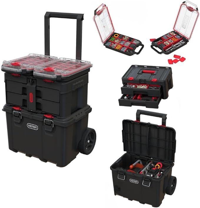 Keter Stack-n-Roll Modular Tools Organizer for Garage Storage and DIY, 4 Piece Resin Rolling Tool Box System for Small Parts, Black