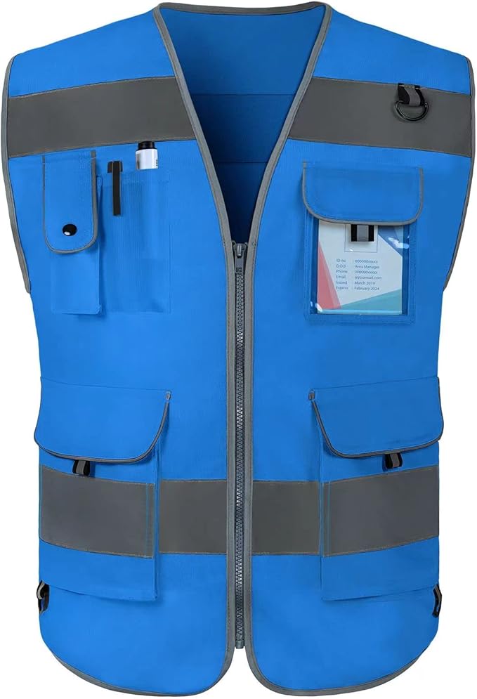 TCCFCCT Mesh High Visibility Safety Vest for Men Women 9 Pockets Hi Vis Reflective Vest for Safety, Work Vest with Reflective Strips, Meets ANSI/ISEA Standards, (Blue, 5X-Large)