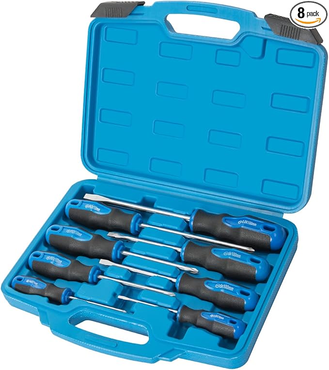 ROTATION 8-Piece Magnetic Screwdrivers Set with Nichrome tip, 4 Phillips and 4 Slotted Tips, Professional Cushion Grip Screwdriver Set with High Torque (8pc_silver tip_gloss)
