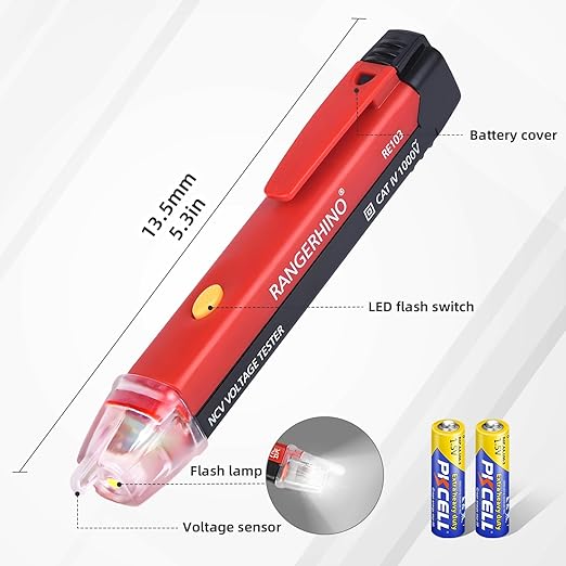 Non-Contact AC Voltage Tester Pen, AC up to 1000V, LED Flashlight, Buzzer Alarm for Live/Null Wire Judgment