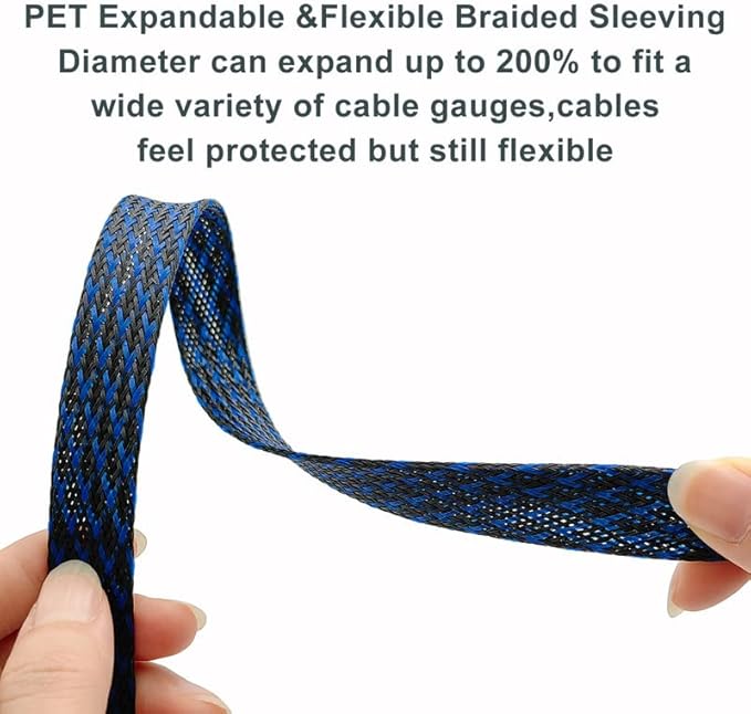 PET Expandable Braided Sleeving Wire Loom 1/2 Inch Cable Wrap Cable Sleeve Wire Protector Sleeve Tubing 25Feet, Blue&Black