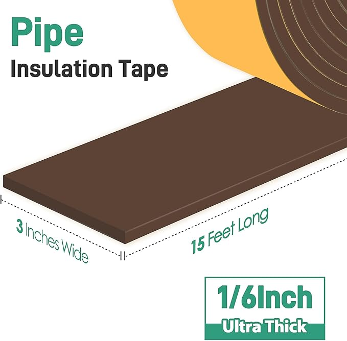 Pipe Insulation Tape, Foam Insulation Tape for Outdoor Pipes Winter Freeze Protection, Foam Pipe Insulation Wrap, Heat Tape for Water Pipes, Copper Pipes, PVC, AC Line, 3in x 15ft, Brown