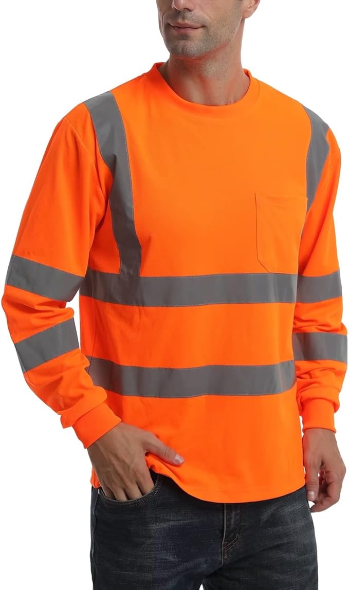High Visibility Class 3 T Shirts，Hi Vis Safety Shirts with Reflective Strips and Pocket, Long Sleeve Quick Dry Mesh Construction Work Shirt for Men/Women Orange,3XL