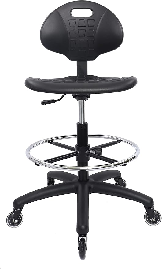 CHAIR MASTER Drafting Stool - Easy to Clean! Ergonomic Polyurethane Chair. Seat Height Adjustable w/Heavy Duty Footring for Home, Automotive, Lab, Cleanroom (Soft Roller Blade Casters, Tall Stool)