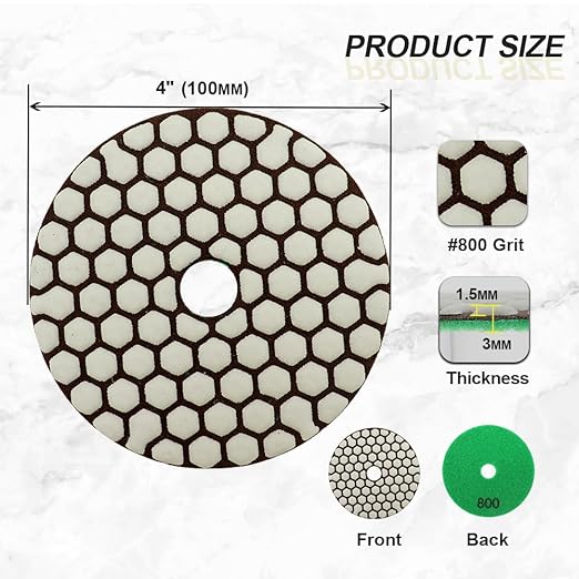 Dry Diamond Polishing Pads 4"/100mm - 8pcs Grit 800 Polish Pad Kit for Granite Marble Artificial Stone Quartz for Angle Grinder SANLEETEK