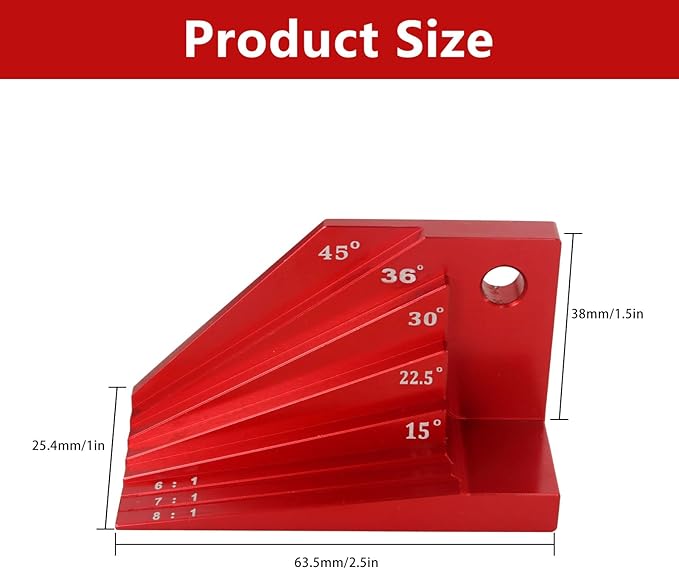 Aluminum Alloy Bevel Gauge Block, Universal Angle Finder for Router and Table Saw Woodworking Angles for 1:6, 1:7, 1:8 Miter Angles of 15°, 22-1/2°, 30°, 36° and 45°