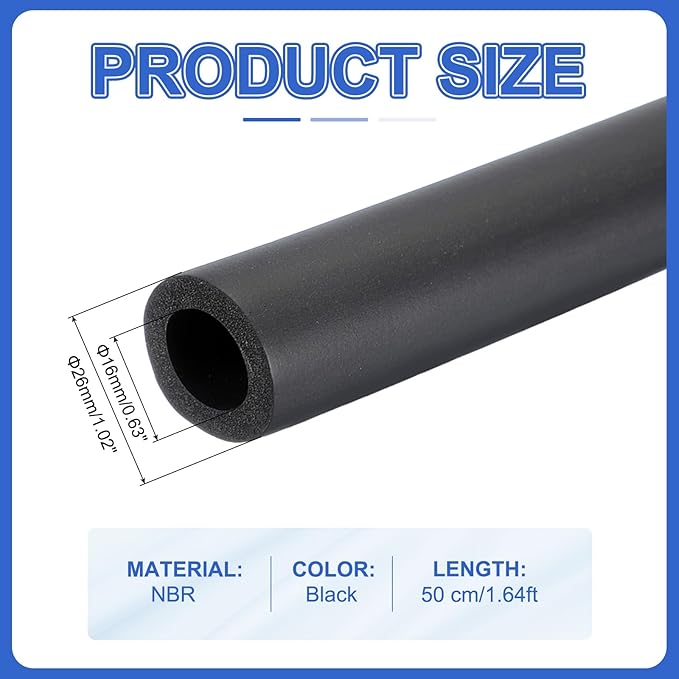 uxcell Pipe Insulation Tube Foam, 5/8" ID x 3/16" Thick x 1.64ft Foam Pipe Cover Non-Slip Hollow Tubing Guitar Air Conditioner Stand Fitness Equipment Handles, Black