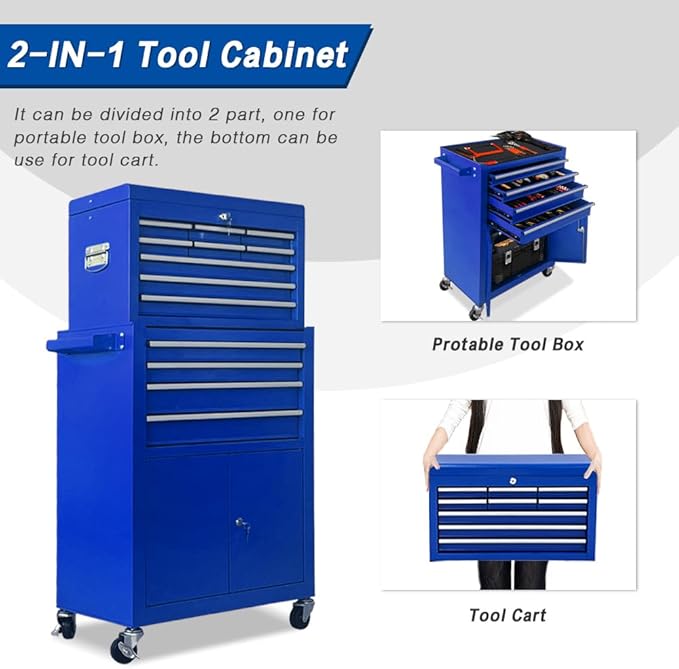 13-Drawer Tool Chest with Double Door and Wheels, Large Detachable Tool Box with Sliding Drawers, Mechanic Toolbox Storage Cabinets, Metal Tool Cart for Garage Workshop (Blue)