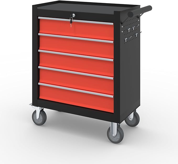 5-Drawer Rolling Tool Boxes,Metal Rolling Tool Chest with Wheels and Locking Tool Chest,Portable Metal Tool Box for Warehouse,Garage, Repair Shop, Workshop (Blackred, 5-Drawer)