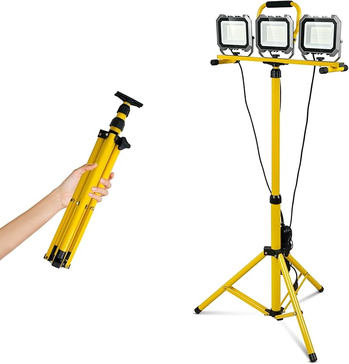 15000LM Work Lights with Stand, IP66 Waterproof 6000K LED Work Light with Foldable Tripod Stand, 3 Head Portable Work Light with Individual Switch for Indoor Outdoor Lighting