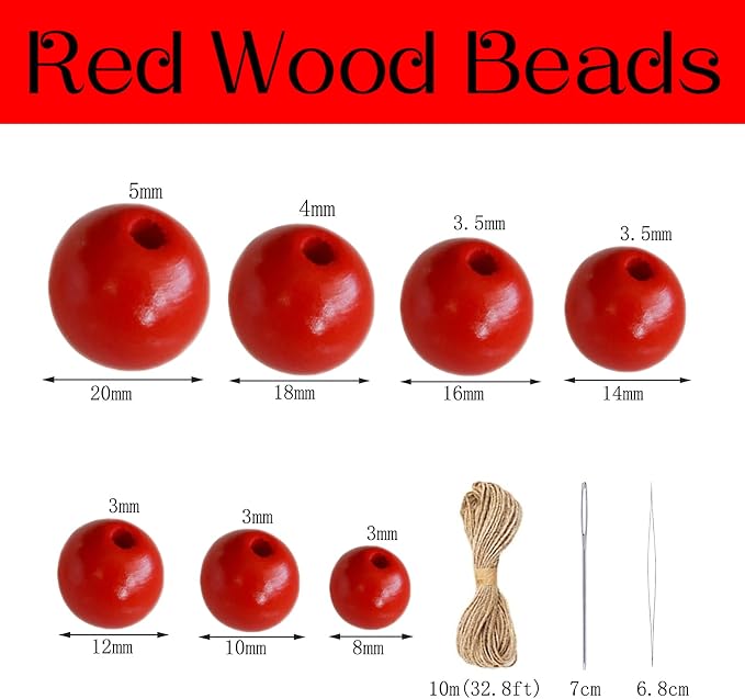 100 Pieces Red Wood Beads with 5mm Hole, Round Loose Beads Polish Spacer Beads - Image 2