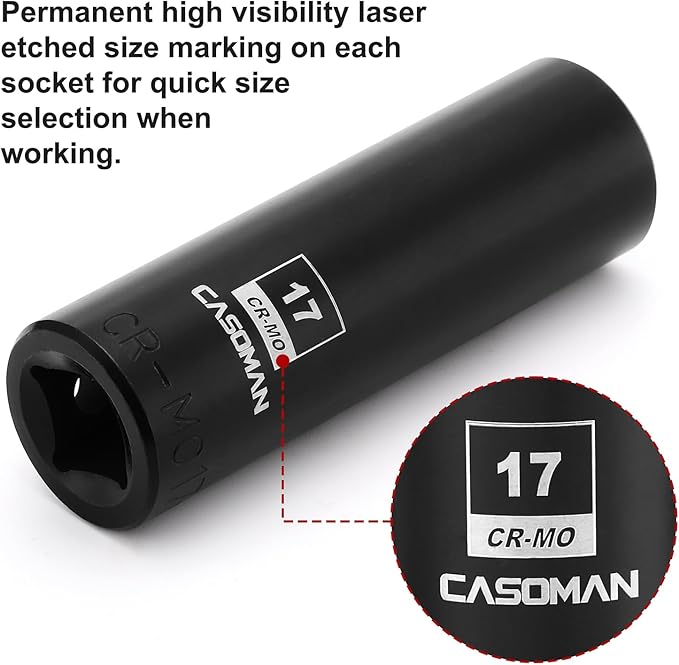 CASOMAN 1/2-Inch Drive x 17mm Deep Impact Socket, 6-Point, Metric, CR-MO