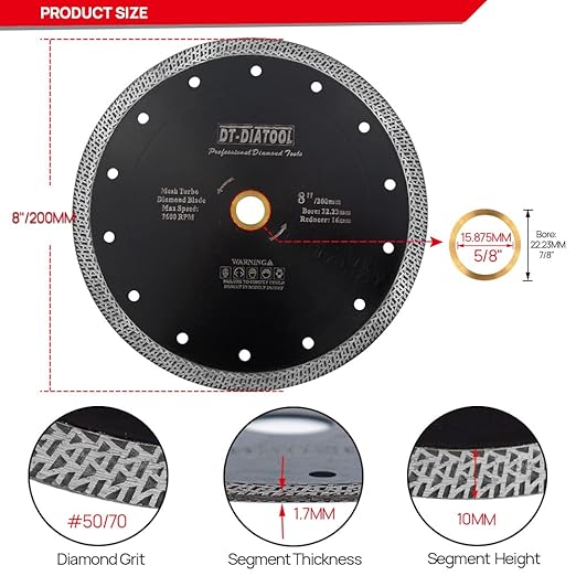 DT-DIATOOL Diamond Granite Blade 8 Inch for Marble Porcelain Tile Ceramic Diamond Cutting Disc with Mesh Turbo Diamond Segments Pack of 2