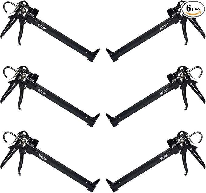 AWF PRO Heavy Duty Caulk Gun, 18:1 Thrust Ratio, Steel Frame Construction, Rotating Barrel, Ladder Hook, Puncture Tool & Dripless Pressure Release Tab (Pack of 6, 29 oz Caulking Gun)