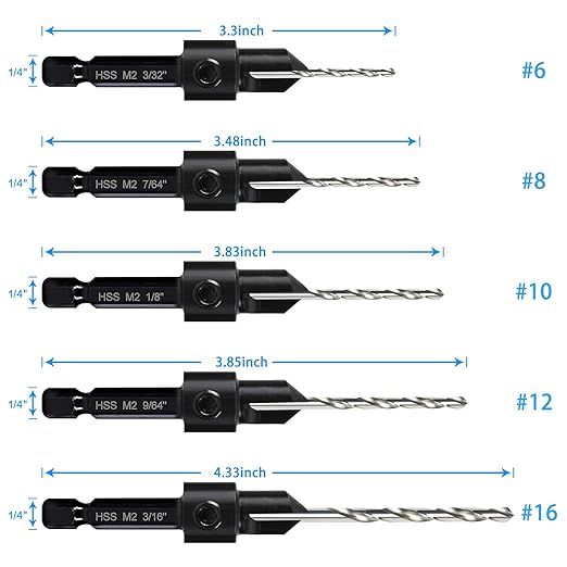 5-pc Countersink Drill Bit Set, 3in1 Woodworking Counterbore Hole Drill Bits for #6 8 10 12 16 Screws, Depth Adjustable M2 Pilot Drill Bits, 82-Degree Chamfer, 1/4” Hex Shank, 2 Allen Wrench