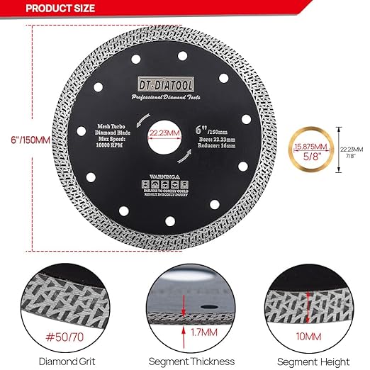 DT-DIATOOL Diamond Granite Blade 6 Inch for Marble Porcelain Tile Ceramic Diamond Cutting Disc with Mesh Turbo Diamond Segments