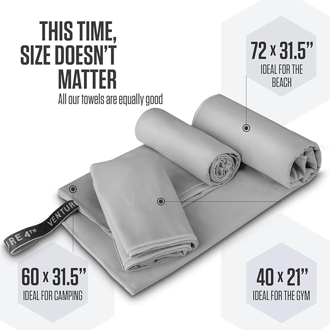 VENTURE 4TH Quick Dry Towel. Microfiber Travel Towel Ideal for Camping, Hiking, Backpacking, Gym. Lightweight & Fast Drying Travel Towels for Body. Compact & Easy to Pack - Light Gray Large