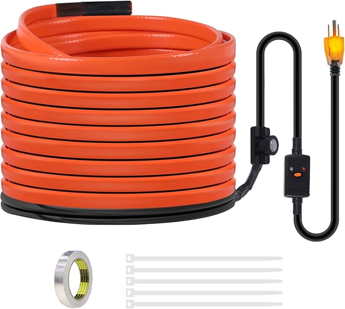 80FT Heat Tape for Water Pipes Freeze Protection IP65 Waterproof 7W/FT 110V BDDFOTO Heat Cable With GFCI Protection and Thermostat,Self-Regulating Pipe Heater for Roof/RV/Water Storage Tank