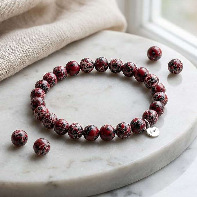 48pcs Black Red White Imperial Jasper Gemstone Beads，8mm Round Loose Stone Beads - Image 3