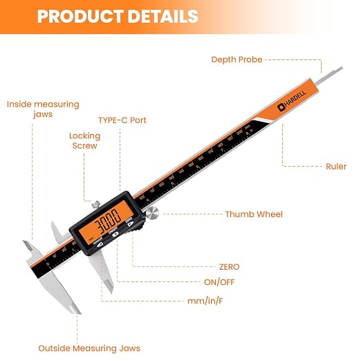 HARDELL Digital Caliper 8" USB-C Charging – Orange Display, Non-Backlit | - Image 8