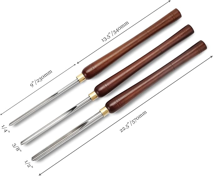 Woodturning Bowl Gouge Set, 3 Pieces 22.5” Wood Lathe Bowl Turning Tools, 1/4 Flute, 3/8 Flute, and 1/2 Flute, with High Speed Steel Blades, Beech Handles and Brass Ferrules, in Wooden Storage Case